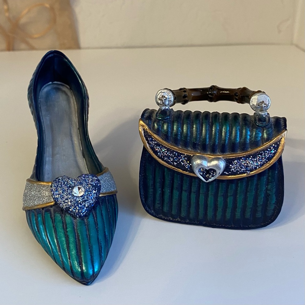 Fashion miniature set, Blue and Silver Women's Purse and Shoe Set, lot of 2